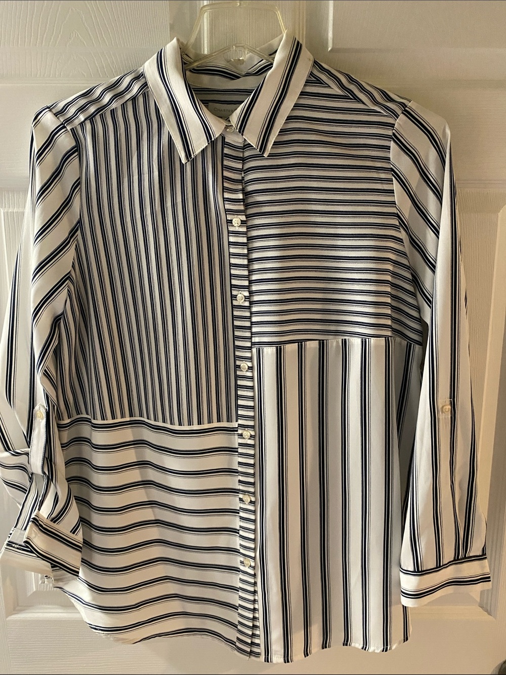 Charter Club Black and White Striped Patchwork Button-Down Tunic Blouse
